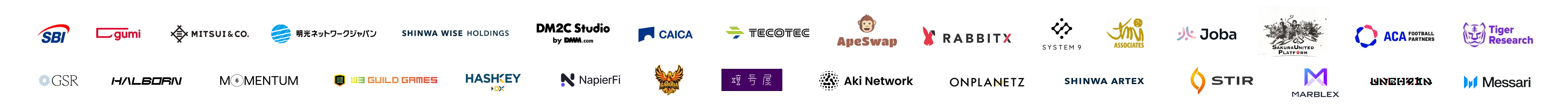 SBI/gumi/MITSUI&CO/SHINWA WISE HOLDINGS/DM2C Studio/CAICA/TECOTEC/GSR/HALBORN/MOMENTUM/W3 GUILD GAMES/HASHKEY/NapierFi/GARUDA GUILD GAMES